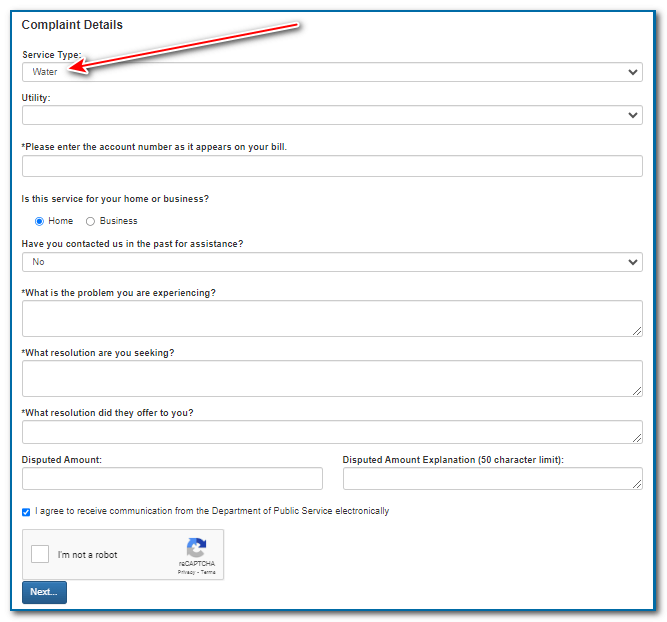 Complaint details for filling a NYC water bill complaint with the department of public services