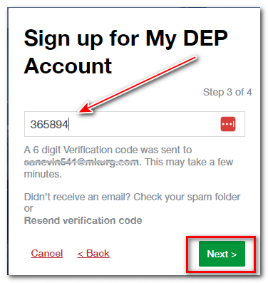 Filling the verification code and selecting the next button