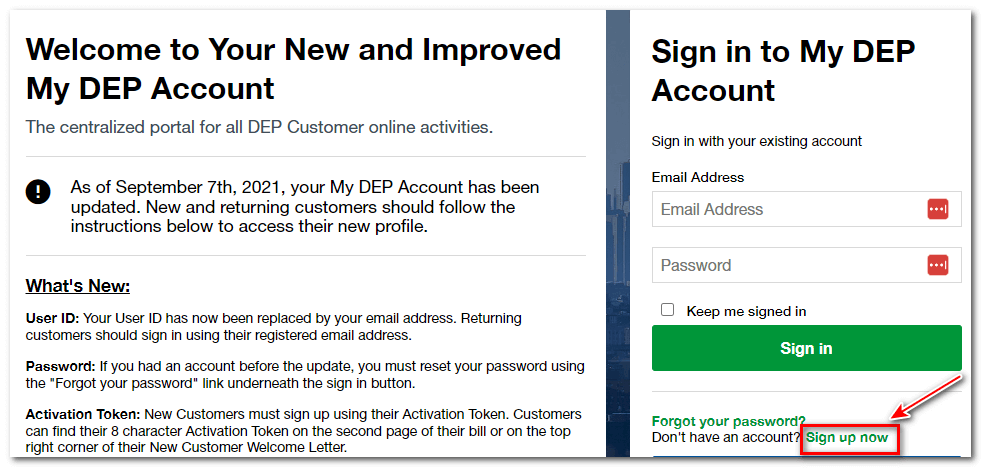 MY DEP account sign up process