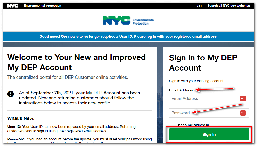 Signing in to the MY DEP account to check the NYC water bill payment history