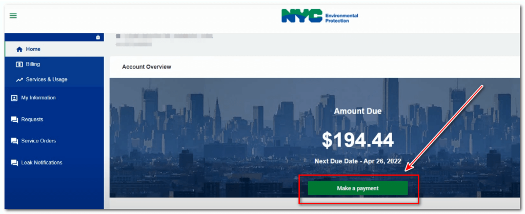 NYC water bill pay procedure on the My DEP account dashboard