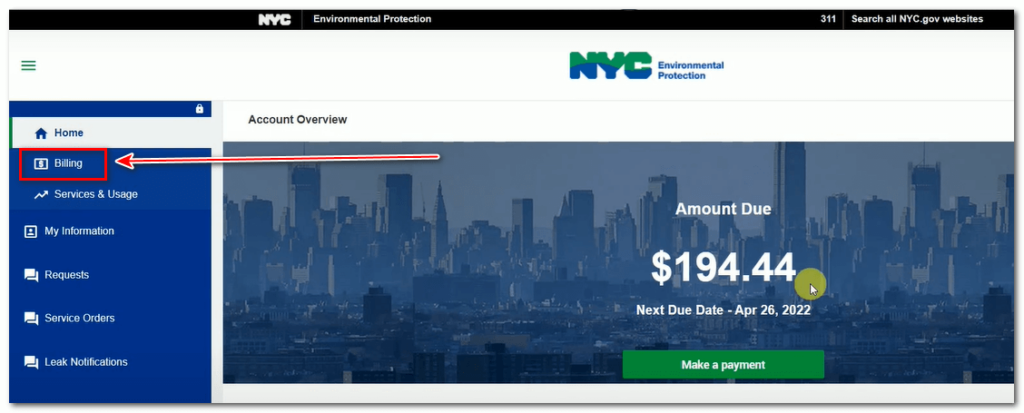 Viewing the NYC water bill payment history on DEP portal