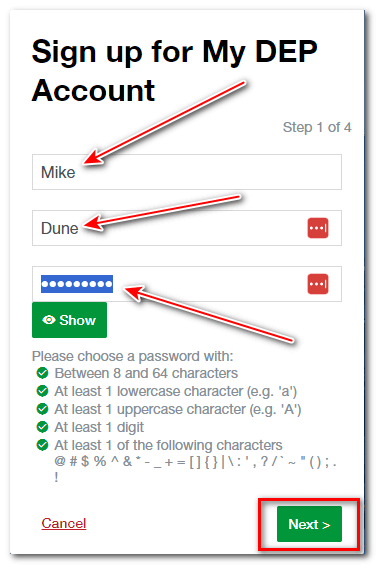 Entering first name, last name and password to create a account on NYC DEP