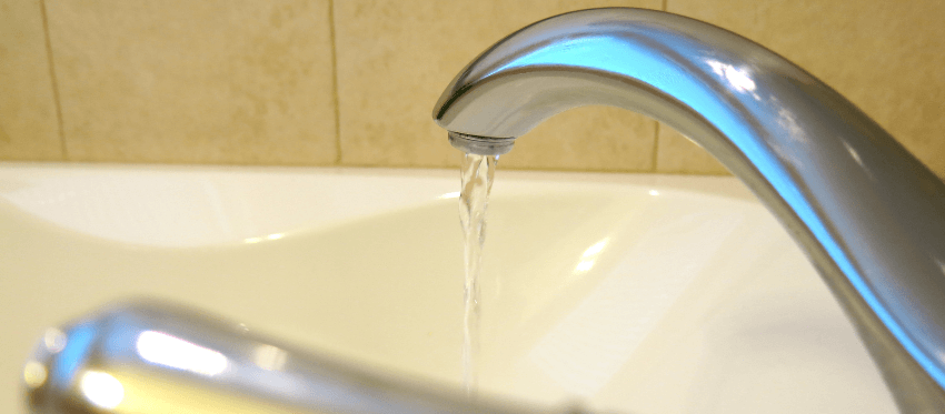 Icons of toilet, shower, sink, and bathtub indicating tips to conserve water in the bathroom